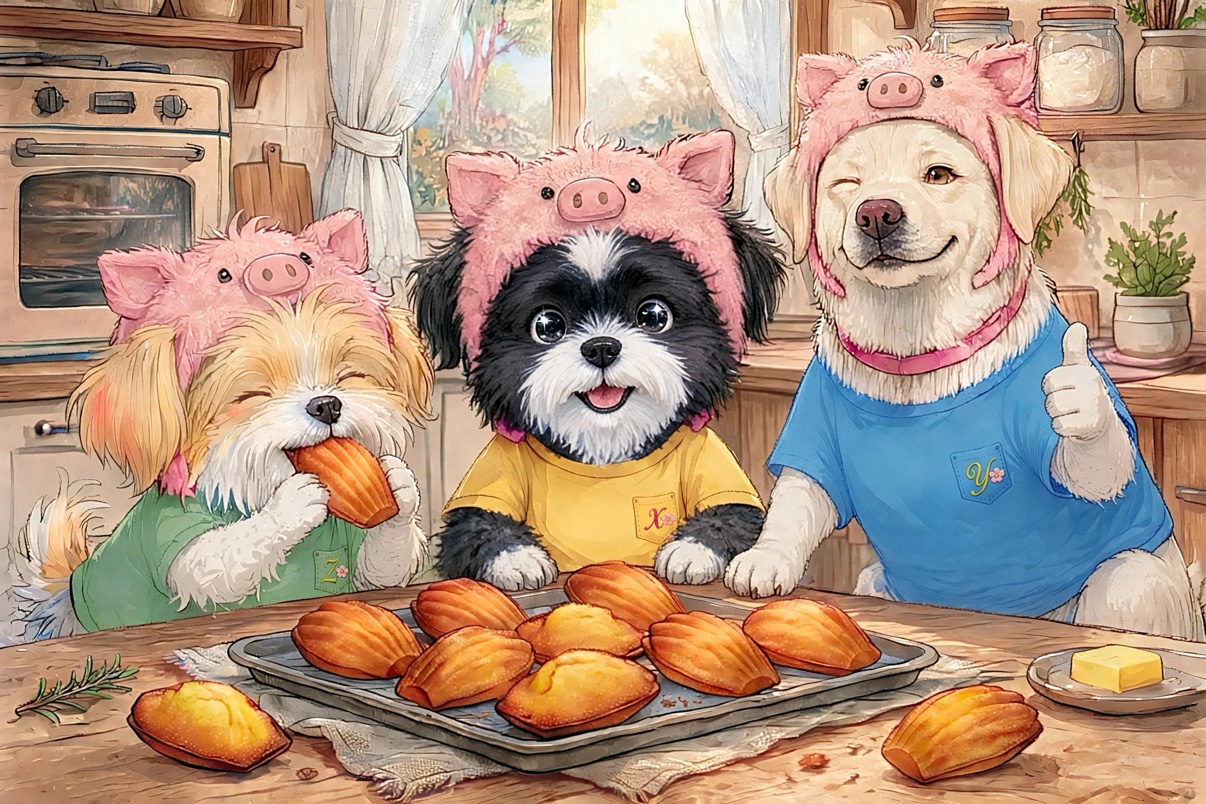 Lucky, Sobie and Happy in pink pig hats gathered around a plate of KEKE madeleines