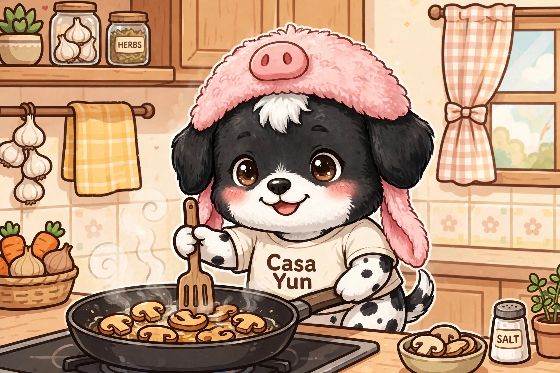 Sobie cooking sliced mushrooms in a warm kitchen