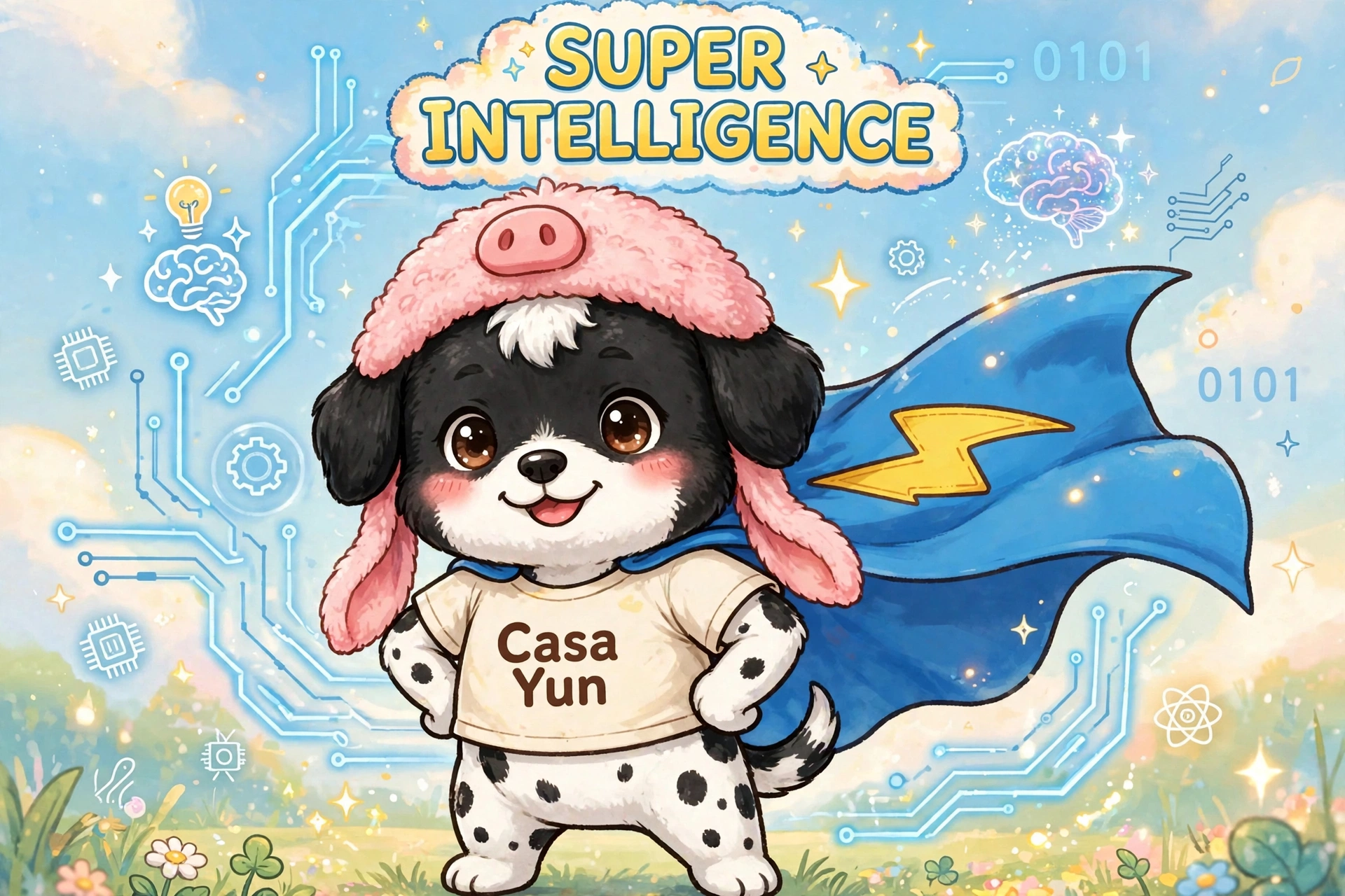Sobie, a black-and-white dog in a pink pig hat and blue cape