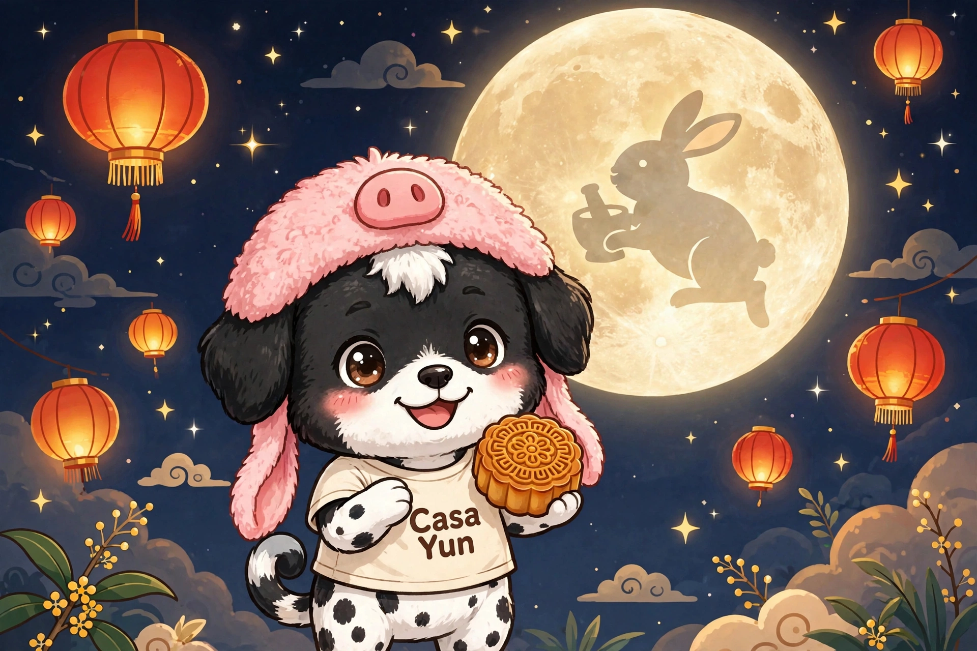 Sobie holding a mooncake beneath a full moon and glowing lanterns