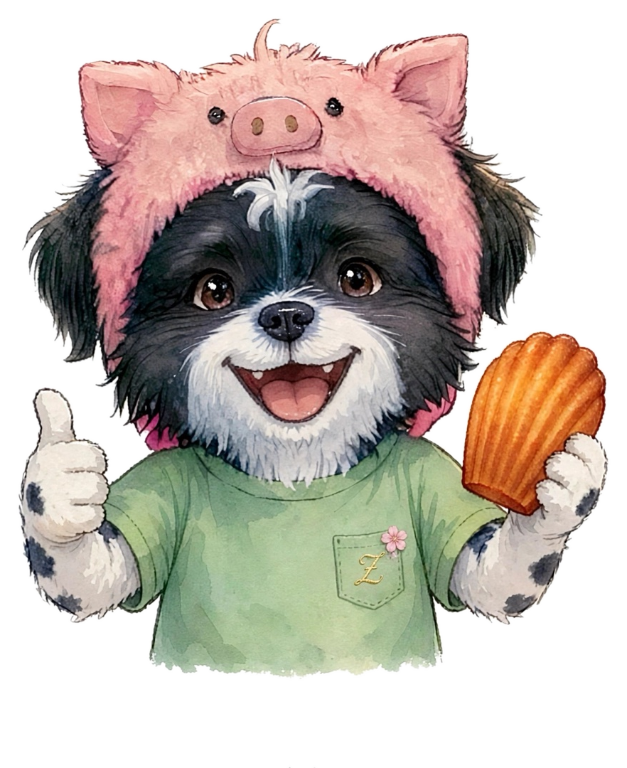 Sobie in a pink pig hat and green shirt, giving a thumbs-up while holding a madeleine