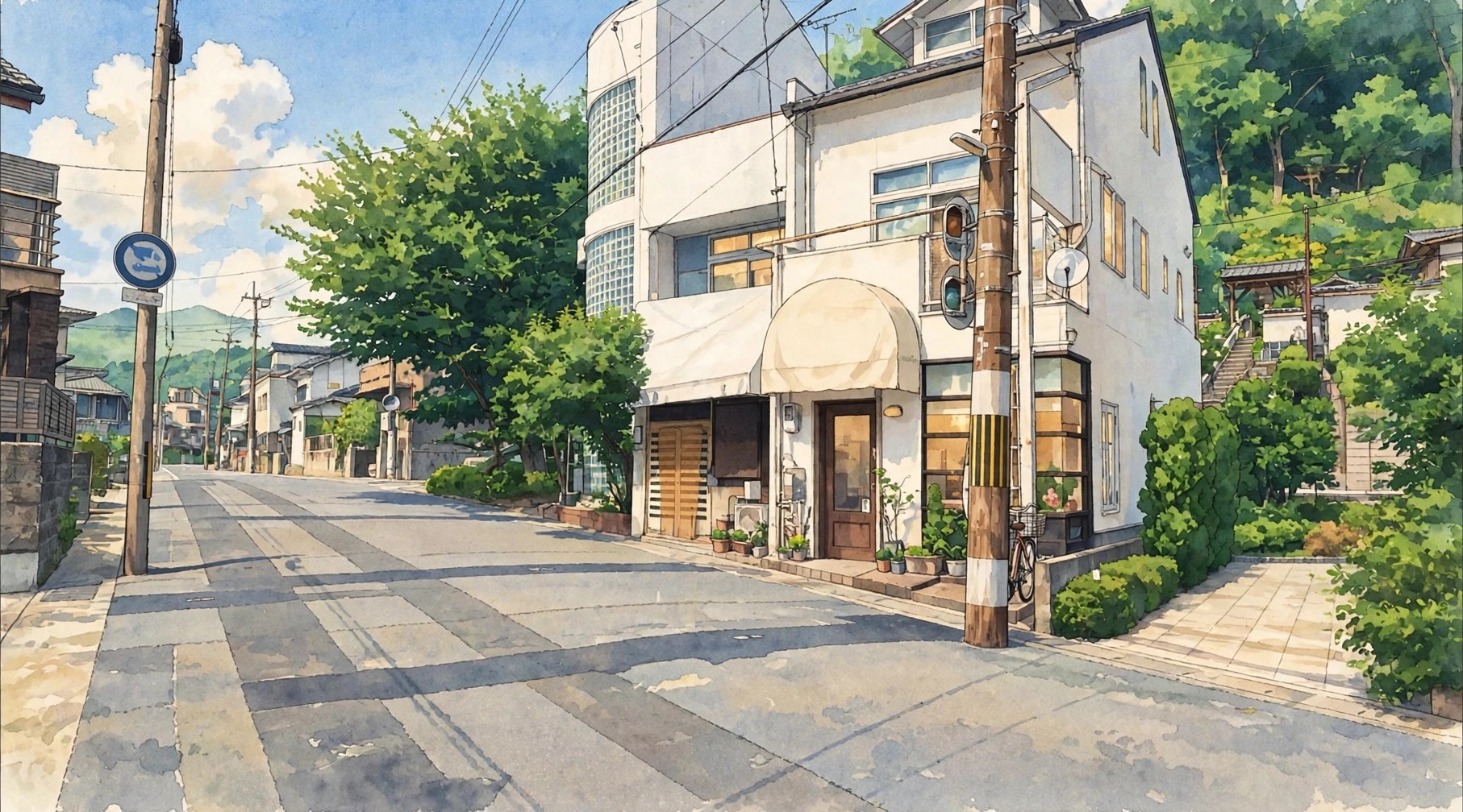 宫崎骏风格的咖啡馆所在街道插画